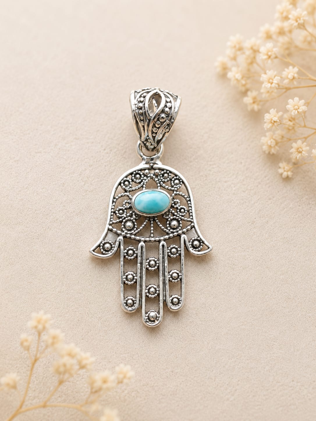 Pendentif Main de Fatma en Larimar – Argent 925
