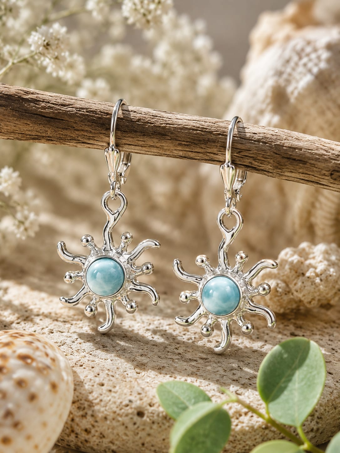 Boucles d'oreilles Soleil en larimar AAA – Argent 925