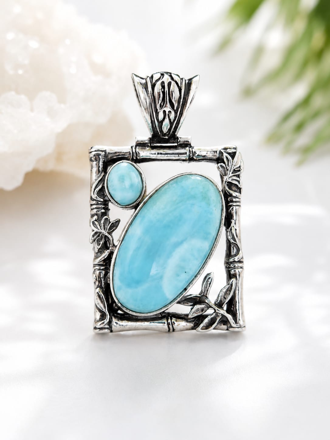 Grand pendentif Bambou en Larimar – Argent 925