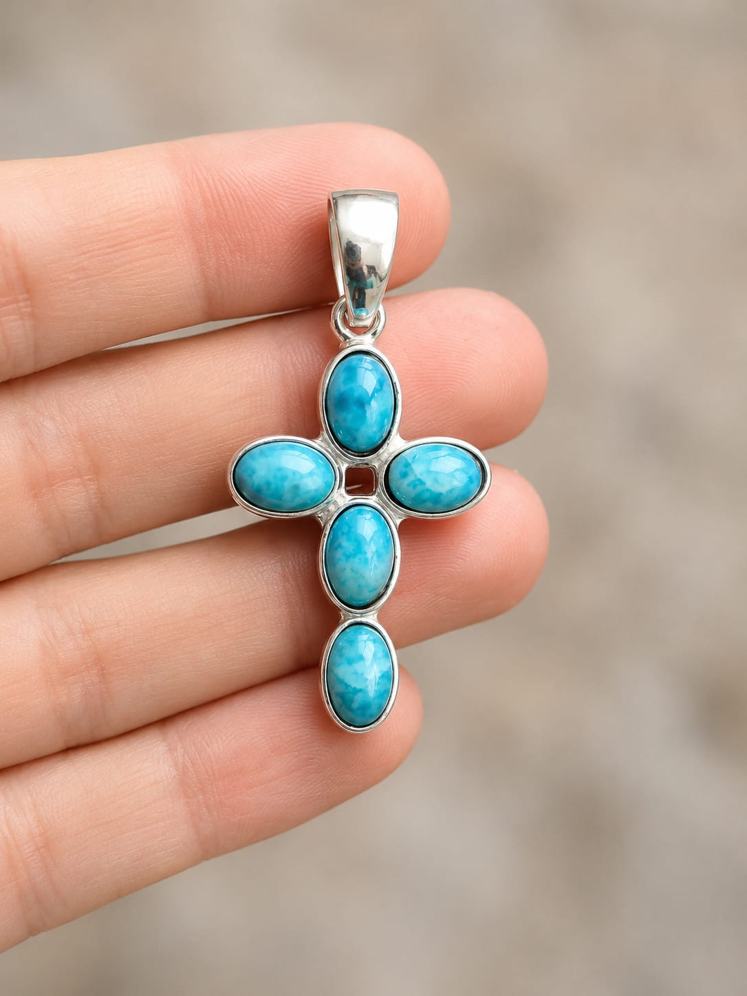 Pendentif Croix chrétienne en Larimar – Argent 925