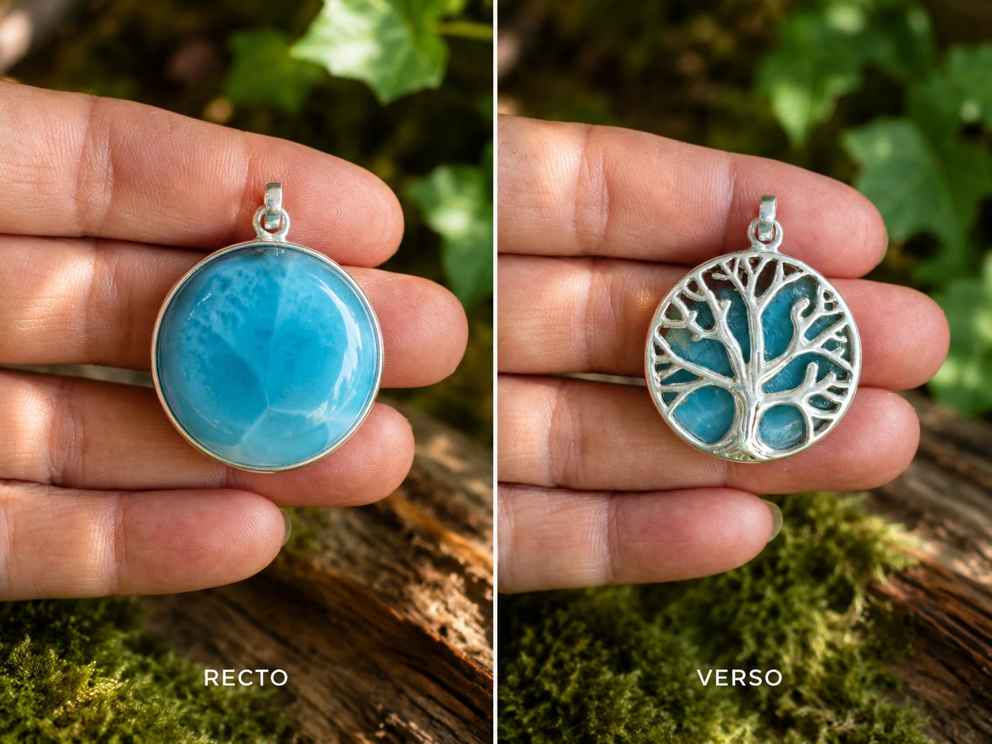 Pendentif Arbre de Vie réversible en Larimar – Argent 925