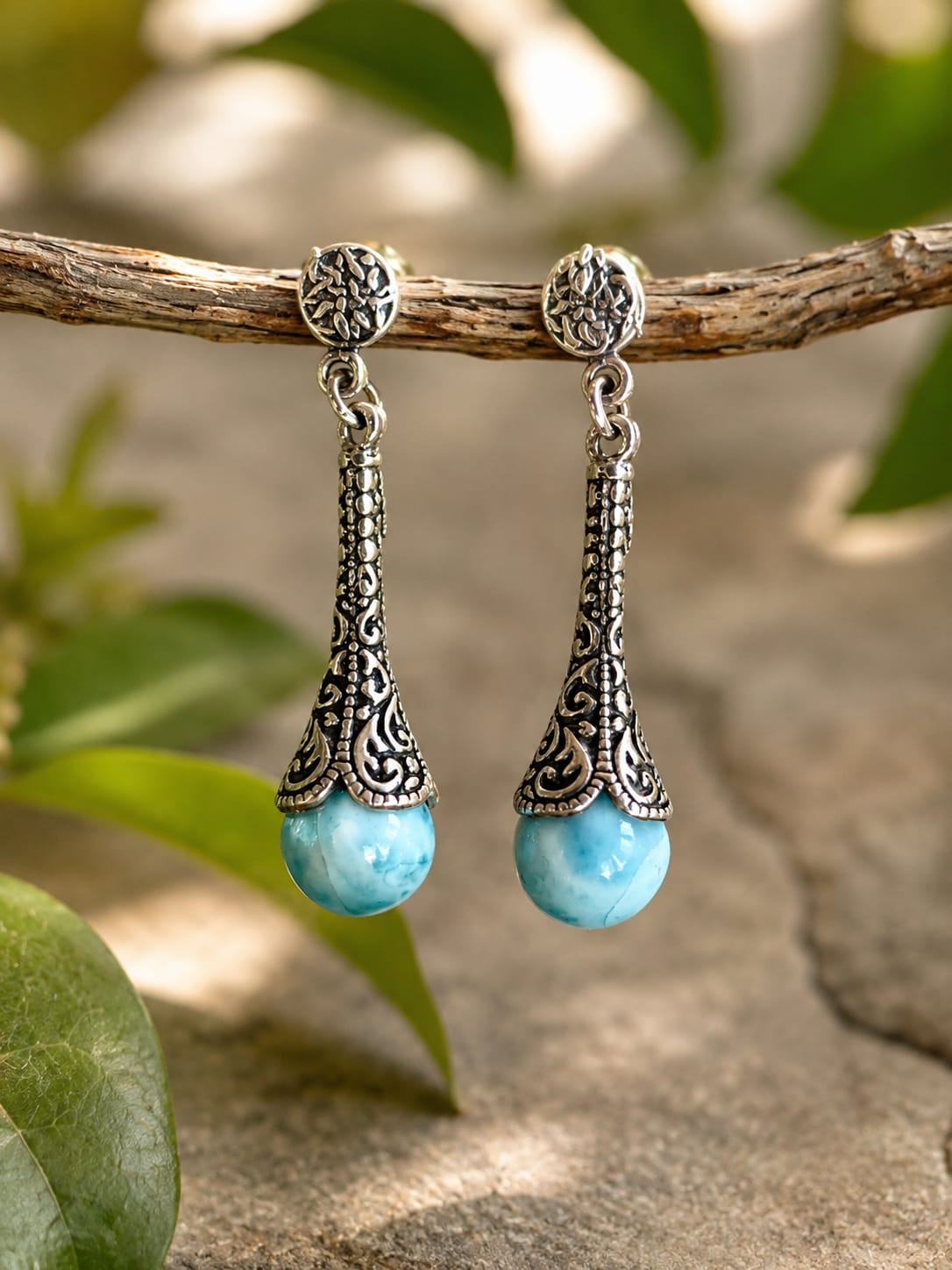 Boucles d'oreilles arabesque argent et larimar