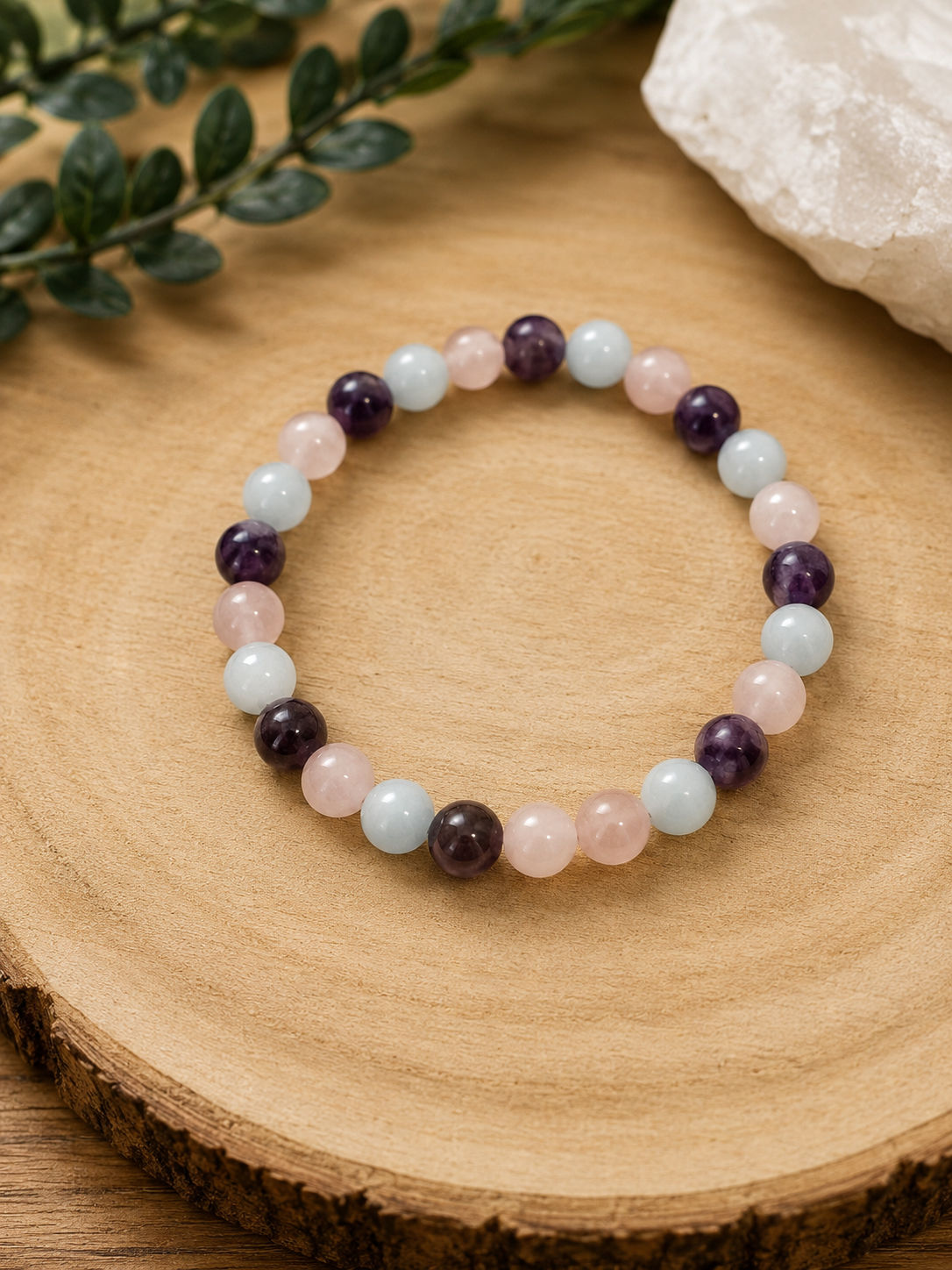 Bracelet Améthyste, Quartz rose & Aigue-marine 8mm